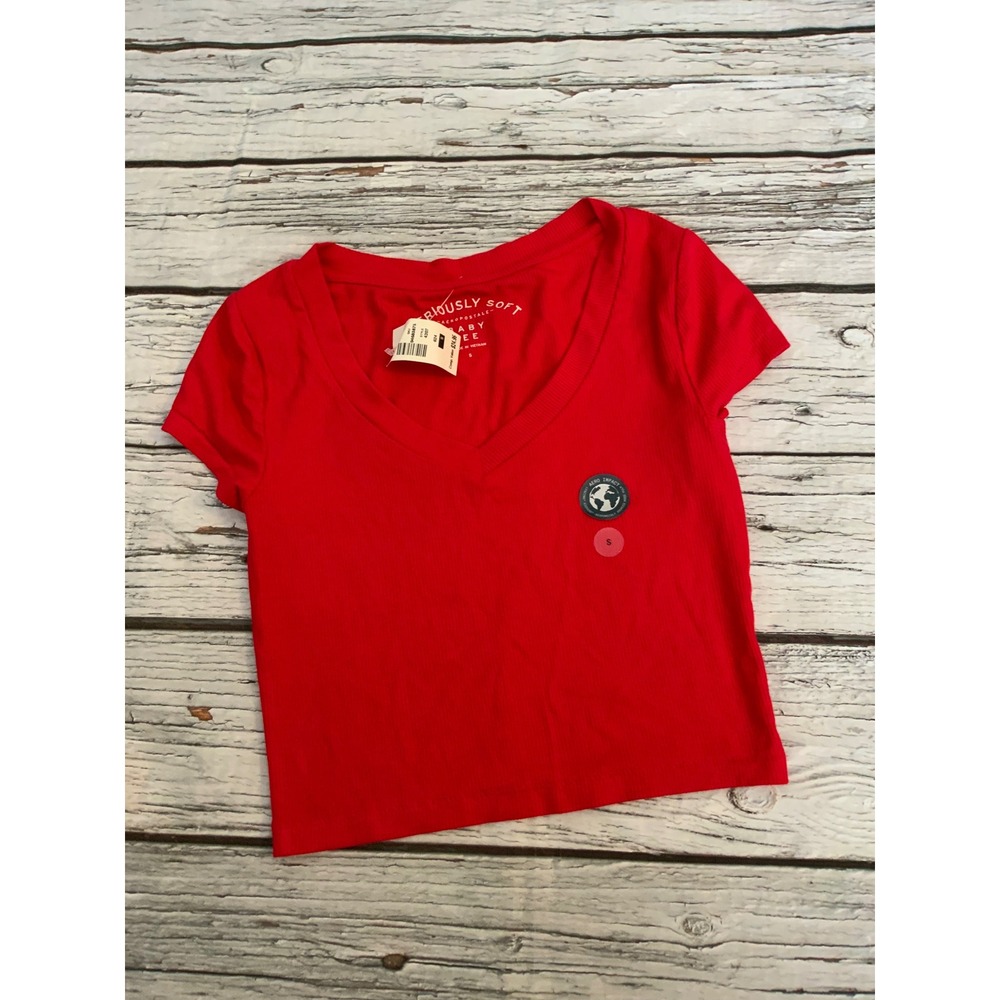 Aeropostale Seriously Soft Baby Tee Red Ribbed V-Neck Crop Top Womens Small NWT